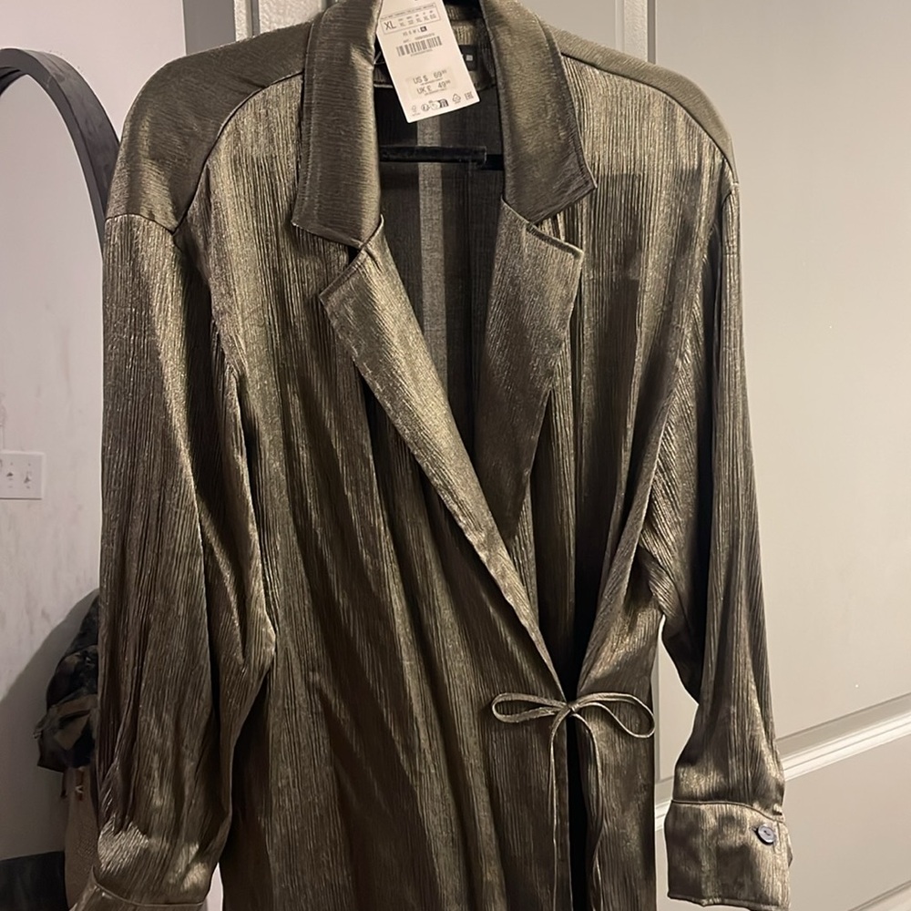 Metallic green wrap around long sleeve blouse